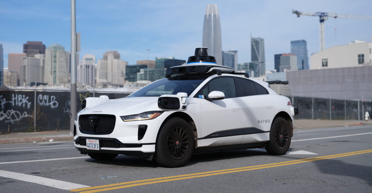 A Waymo-operated Jaguar I-Pace in San Francisco The vehicle is operating autonomously without any person in the driver s seat