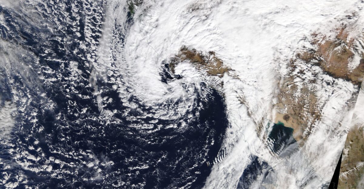 NASA satellite image of Winter Storm Hunter at peak intensity on January 9 2018 shortly before making landfall in Southern California The winter storm was responsible bringing the Thomas Fire from December 2017 to full containment in addition to causing the 2018 Southern California mudflows