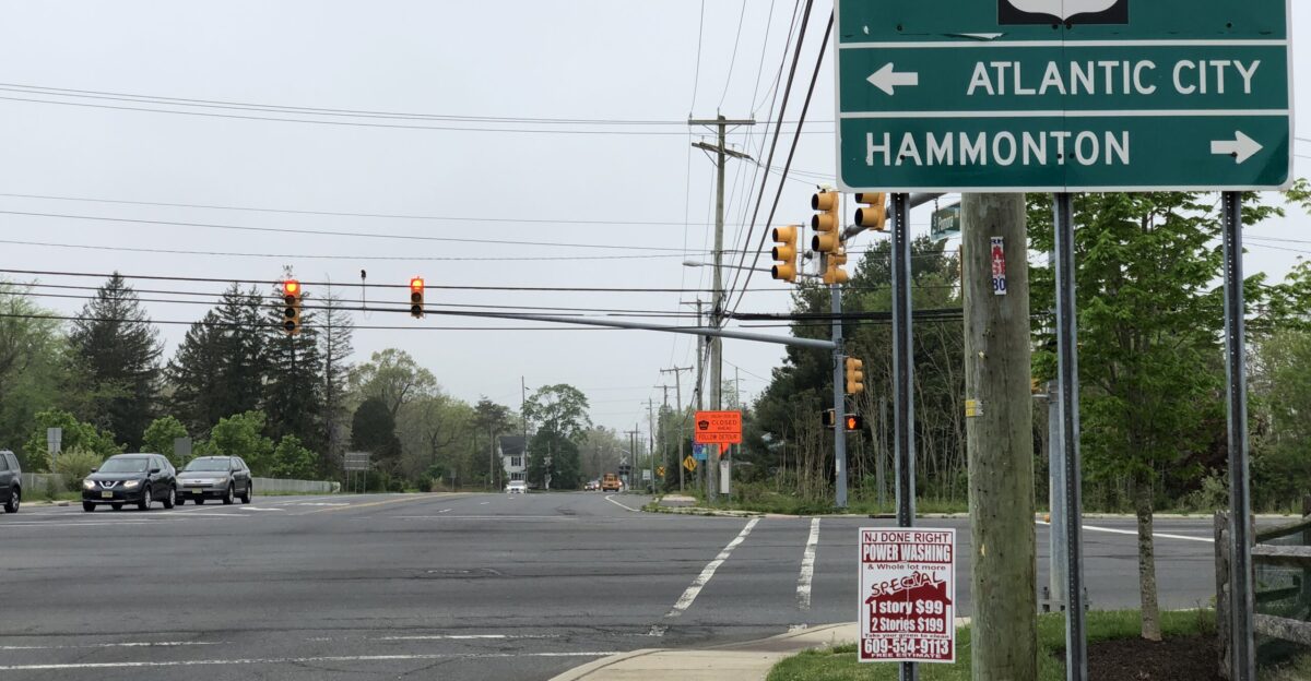 View south along Atlantic County Route 575 South Pomona Road at U S Route 30 White Horse Pike in Galloway Township Atlantic County New Jersey