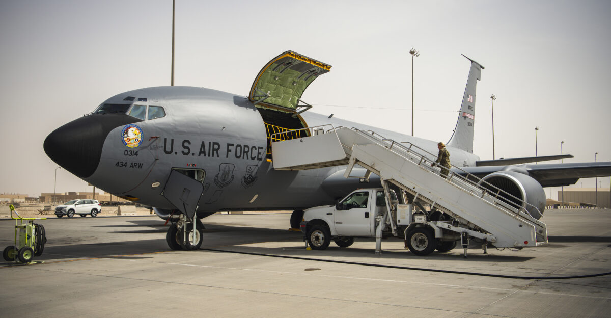 A KC-135 Stratotanker assigned to the 349th Expeditionary Refueling Squadron is parked on the flight line at Al Udeid Air Base Qatar March 15 2022 The 379th Expeditionary Aeromedical Evacuation Squadron set up simulated emergency medical training inside the cargo area U S Air Force photo by Senior Airman Jacob Dastas