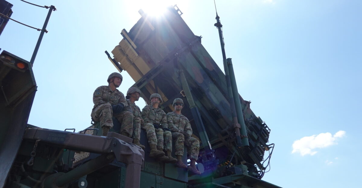 Patriot Launching Station Operator Maintainers Sgt Paul George Pfc Genesis Vidal Pfc Erika Vidal and Pfc Edgar Alamendarez assinged to Bravo Battery 5th Battalion 7th Air Defense Artillery 10th Army Air Missile Defense Command rest on a 10AAMDC Patriot missile launcher after completing Bravo Battery s certification tables for their transfer of authority to NATO Aug 9 in Slovakia In April 2022 Bravo Battery deployed to NATO s Eastern flank in Slovakia after that country generously transferred their S300 missiles to aid Ukraine in the defense of its airspace The deployment of Bravo Battery is another example of our commitment to defend every inch of NATO territory including the skies U S Army Photo by 2nd Lt Emily Park