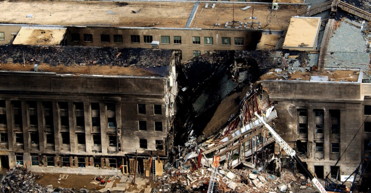 Aerial view of the Pentagon Building located in Arlington, Virginia showing emergency crews responding to the destruction caused when a hijacked commercial jetliner crashed into the southwest corner of the building, during the 9/11 terrorists attacks.