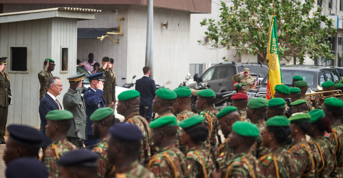 U S Air Force Gen Dagvin Anderson Commander U S Africa Command right Major General Fructueux Gbaguidi Benin Chief of Defense Staff center and Brian Shukan U S Ambassador to Benin left salute a formation of military honors in Cotonou Benin on Sept 16 2025 During his visit Anderson met with Benin s President Patrice Talon Minister of Defense Dr Alain Fortunet Nauatin and Chief of Defense Staff Major General Fructueux Gbaguidi The engagements reaffirmed Benin s strategic importance as a key security partner in the region and explored ways to strengthen cooperation and coordination in support of shared goals for regional stability U S Marine Corps photo by Gunnery Sgt Donato Maffin