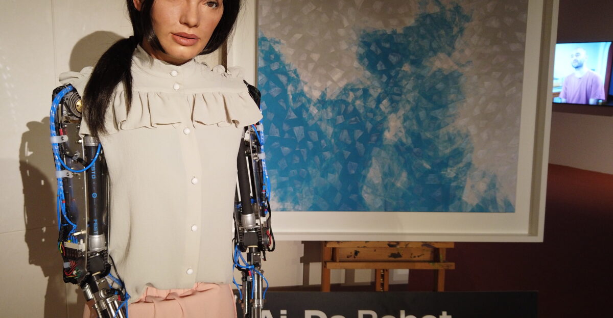 Ai-Da Robot wearing Edeline Lee at Abu Dhabi Art Abu Dhabi Photo taken with an Osmo camera on 20 November 2019 DCIM 100MEDIA DJI 0386 JPG