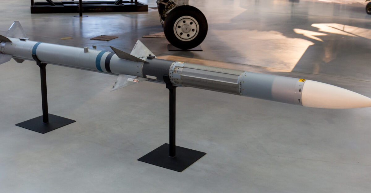 An AIM-120 AMRAAM on display at the National Air and Space Museum Steven F Udvar-Hazy Center in Chantilly Virginia