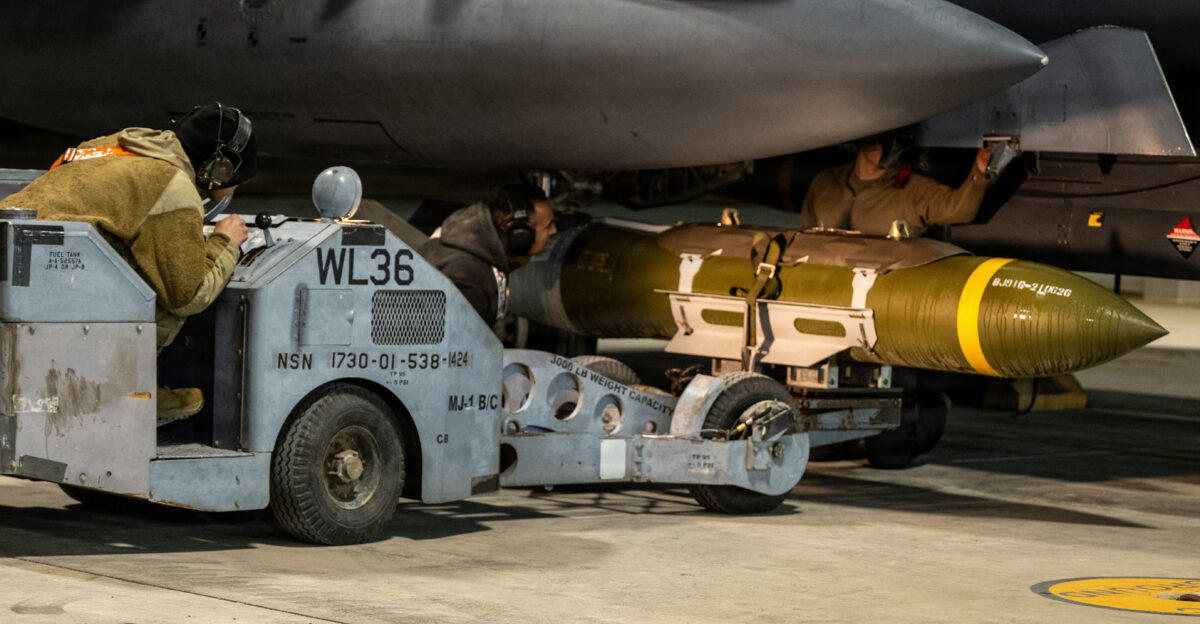 U S CENTRAL COMMAND AREA OF RESPONSIBILITY Jan 10 2026 U S Airmen load bombs onto F-15E Strike Eagles in the U S Central Command area of responsibility in support of Operation Hawkeye Strike Jan 10 2026 U S Air Force Photo