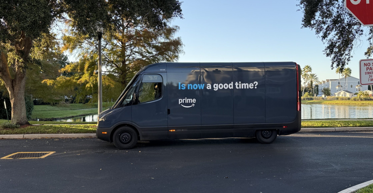 An Amazon electric delivery van manufactured by Rivian is seen at a gated townhome neighborhood in Orlando, Florida.