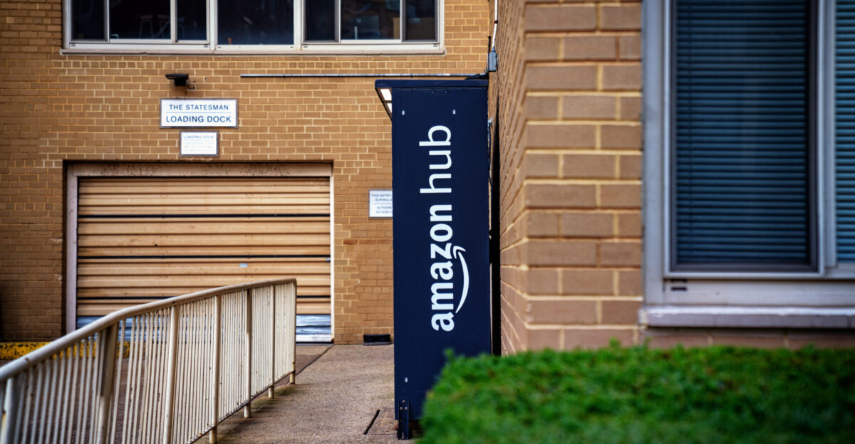 An Amazon Hub package locker system outside an apartment building in Washington D C