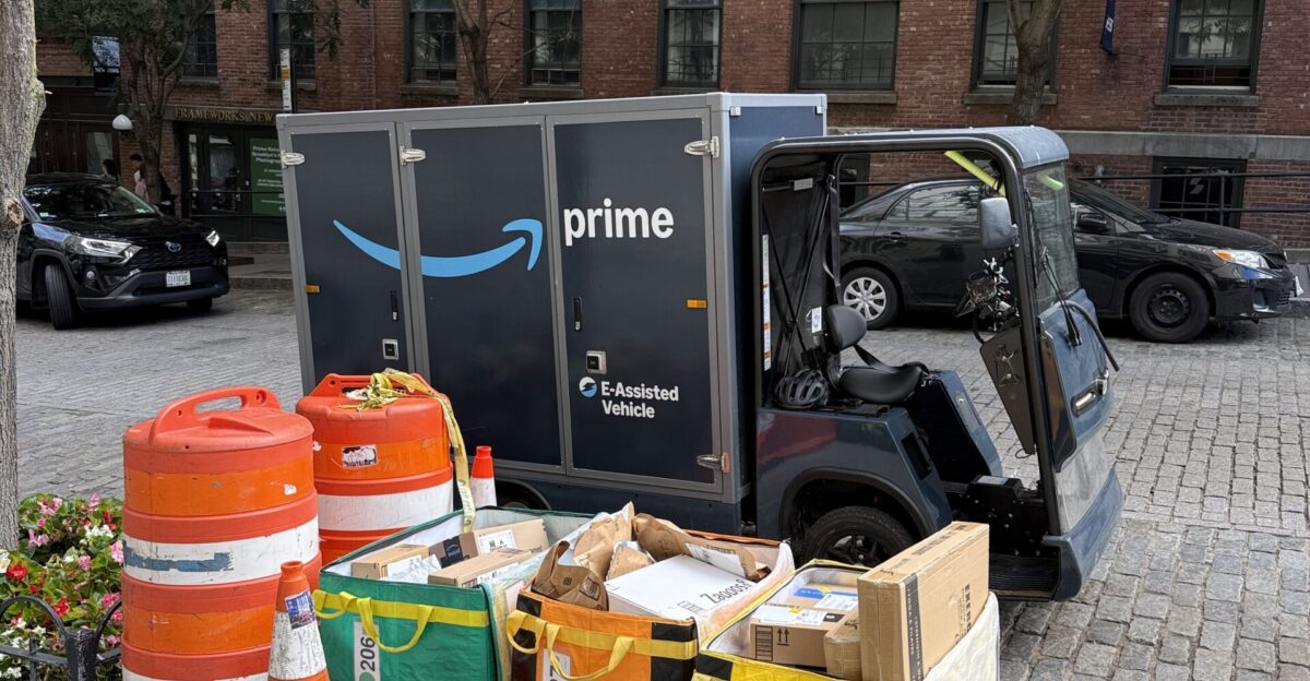 An Amazon Prime E-Assisted vehicle in a parking lot in the DUMBO neighborhood of Brooklyn New York