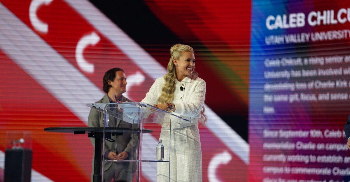 Erika Kirk presenting the Charlie Kirk Courage Award at AmericaFest 2025 December 20 2025