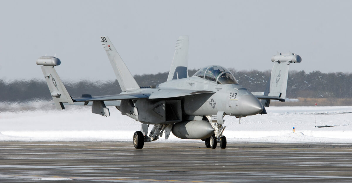 MISAWA AIR FACILITY MISAWA Japan Jan 7 2013 An EA-18G Growler from Electronic Attack Squadron VAQ 132 returns from a mission and taxis on the Naval Air Facility Misawa flight line VAQ-132 is deployed to northern Japan supporting U S 7th Fleet U S Navy photo by Mass Communication Specialist 1st Class Alfredo Rosado Released 130107-N-ZV190-006