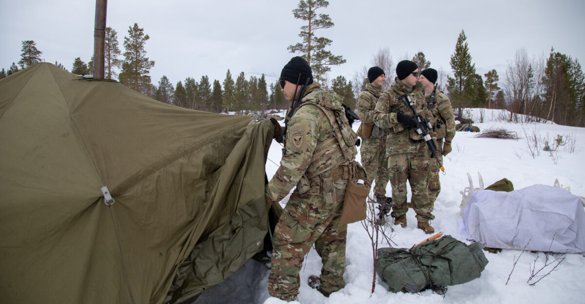 U S Soldiers with 1st Battalion 501st Parachute Infantry Regiment 2nd Infantry Brigade Combat Team Airborne 11th Airborne Division inspect a Norwegian Arctic tent during Arctic Shock 24 in Skjold Norway March 21 2024 Arctic Shock is a combined U S and Norwegian exercise demonstrating interoperability with Arctic partners and capabilities in the harsh environment U S Army Photo by Sgt Avery Cunningham