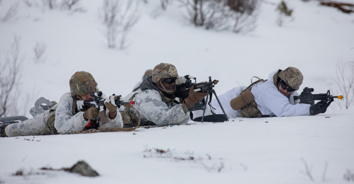 U S Soldiers with 1st Battalion 501st Parachute Infantry Regiment 2nd Infantry Brigade Combat Team Airborne 11th Airborne Division assault notional enemies in a village during Arctic Shock 24 in Malselv Norway March 20 2024 Arctic Shock is a combined U S and Norwegian exercise demonstrating interoperability with Arctic partners and capabilities in the harsh environment U S Army Photo by Sgt Avery Cunningham