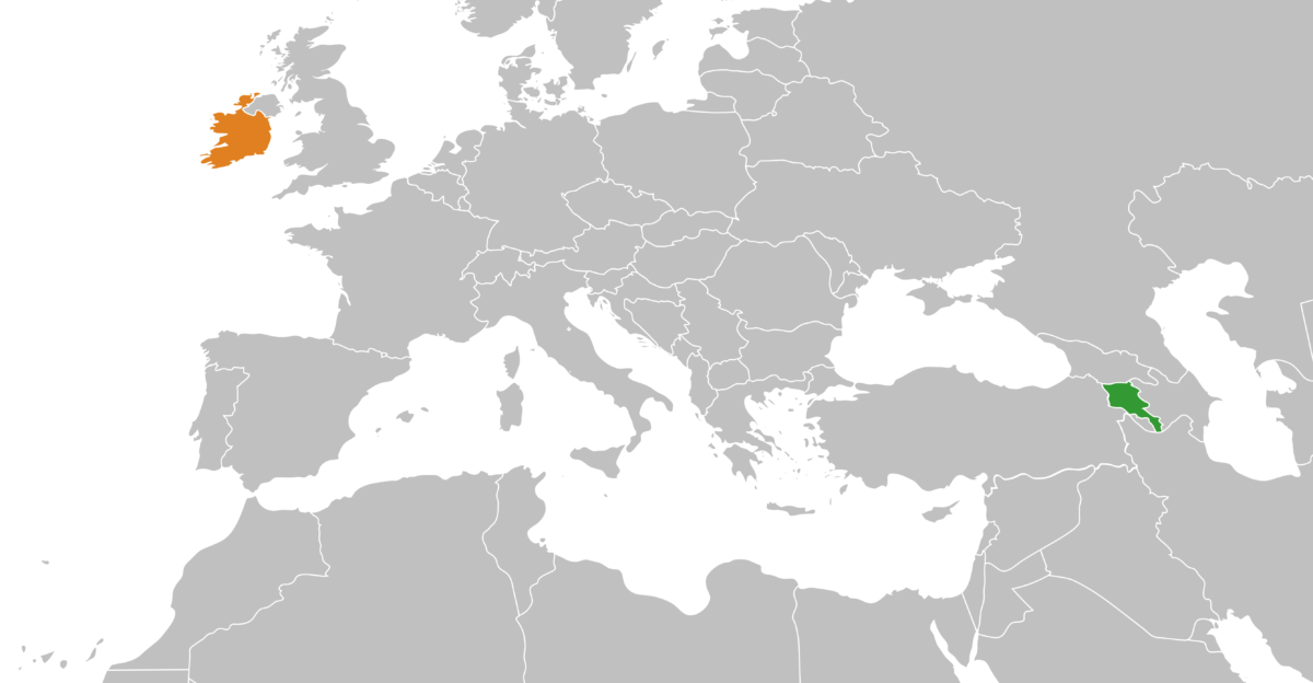 Map showing locations of Armenia and the Republic of Ireland