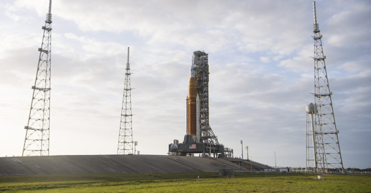 NASA s Space Launch System SLS rocket with the Orion spacecraft aboard is seen atop a mobile launcher at Launch Complex 39B Thursday April 21 2022 at NASA s Kennedy Space Center in Florida Photo Credit NASA Aubrey Gemignani