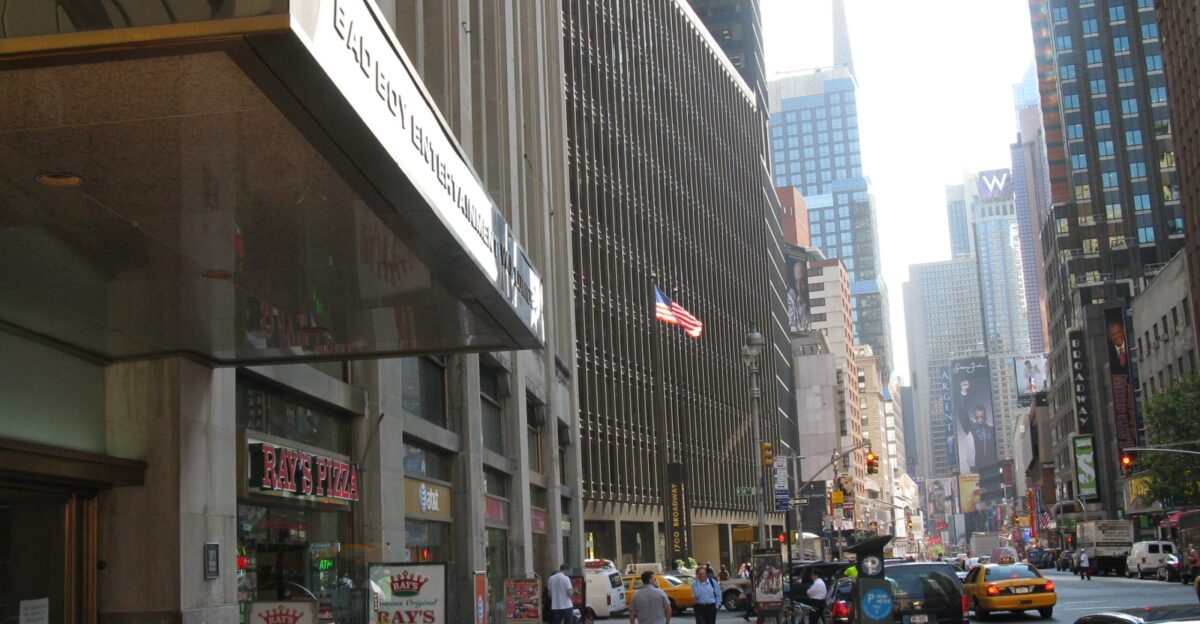 Bad Boy Entertainment Worldwide on Broadway Sean John advertisement on billboard in Times Square towards bottom of the picture