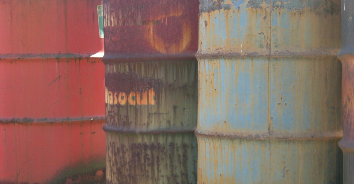 Barrels left over from vehicle lube photographed at All Metal Co Georgetown Seattle Washington