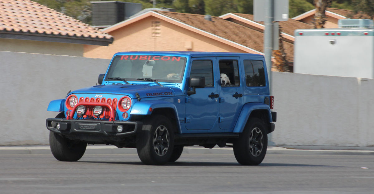 A blue and red Jeep Wrangler Rubicon Jk driving in the southbound lanes of Jones Boulevard in Las Vegas, Nevada. There is a dog in the car.