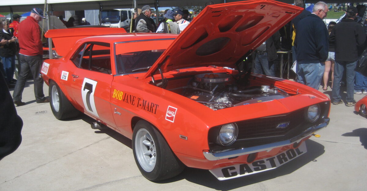 In 1969 the Camaro got all new sheet metal except the hood and trunk lid but the drivetrain stayed much the same the grille got a distinctive V shape and the headlights were inset It looked lower wider and more aggressive Bob Janes race car was an original COPO 9560 430bhp aluminium ZL-1 427 cu in only 69 made making over 600hp Bob competed in the Australian Touring Car Championship in this car winning the championship in 1971 and 72