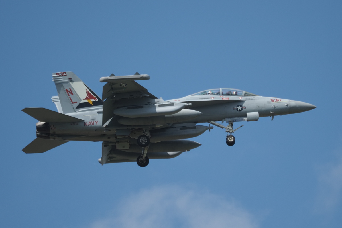 U S Navy EA-18G Growler 168765 NL-530 assigned to Electronic Attack Squadron VAQ-134 Garudas flown by CDR Chad Walker and CAPT Dave Harris on final approach to Spangdahlem AB April 2022