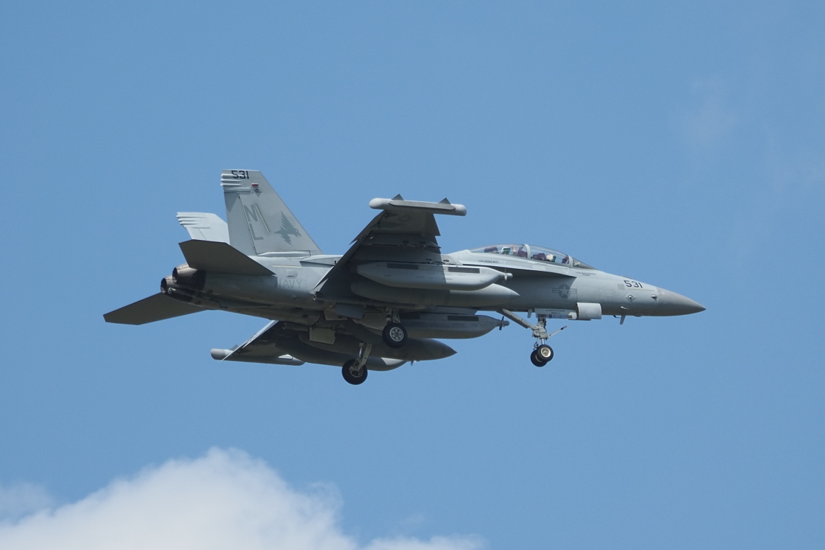 U S Navy EA-18G Growler 168936 NL-531 assigned to Electronic Attack Squadron VAQ-134 Garudas flown by LCDR Sean Noronha and LCDR Andrew Mays on final approach to Spangdahlem Air Base April 2022
