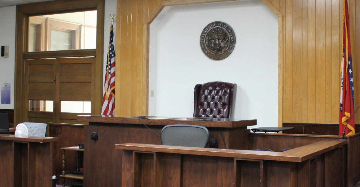 The front of the courtroom in the Boone County Courthouse in Harrison Arkansas