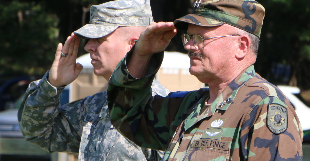 Brig Gen Va Justin P Carlitti Sr took command of the Virginia Defense Force from Maj Gen Va John Taylor in a ceremony Sept 28 2014 at Fort Pickett Va Brig Gen Timothy P Williams the Adjutant General of Virginia conducted the exchange of unit colors that signified the transfer of command Carlitti was promoted Sept 27 and previously served as the chief of staff for the VDF Taylor is retiring after leading the VDF for eight years and serving in the Virginia National Guard for more than 33 years The VDF is an all-volunteer force authorized by the Code of Virginia organized under the Virginia Department of Military Affairs and reporting to the Adjutant General of Virginia The members of the VDF volunteer their time for training and are only paid when called to state active duty by an authorization from the Governor of Virginia Members of the VDF bring a wealth of skills from their civilian careers with many members having military law enforcement fire service or telecommunications backgrounds During domestic operations the VDF deploys different response teams that provide a variety of functions including communications support with Incident Management Assistance Teams High Frequency Radio Teams State Agencies Radio System Teams and Mobile Communication Platform Teams Other VDF missions include providing augmentation teams to the Virginia Guard Joint Operations Center and Virginia Emergency Operations Center as well as resources for chaplain support and access control For more information about the VDF visit Photo by Cotton Puryear Virginia National Guard Public Affairs