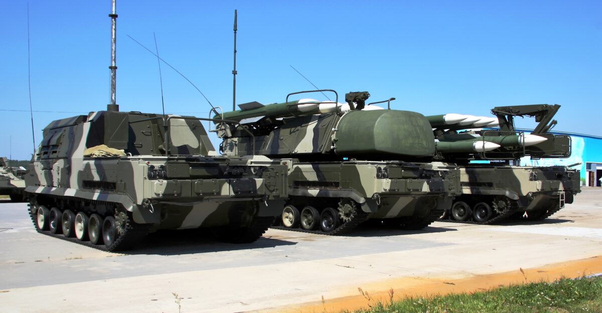 Buk-M1-2 air defence system in 2010 Command post 9C470M1-2 TELAR 9A310M1-2 and a TEL 9A39M1-2 from the backside Static display at Engineering technologies 2010 exposition