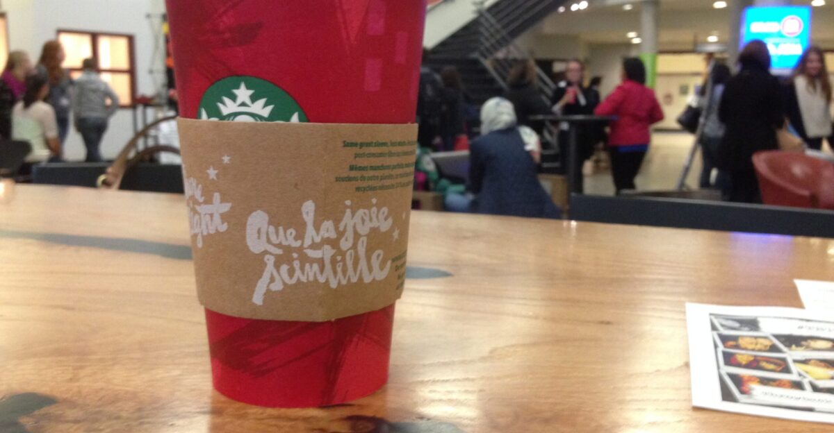 This is stop 3 of my Thompson Rivers University Ethographic Coffee Study The Student Street in Old Main features a busy Starbucks the line was 9 deep as I approached and a clump of 10 more students got in ahead of me A much noisier atmosphere and perhaps the least tasty in terms of the coffee The research paper writing is in progress