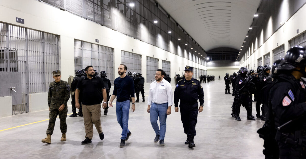 From left to right Minister of Defense Ren Merino Monroy General Director of Penal Centers Osiris Luna Meza President Nayib Bukele Minister of Public Works Romeo Herrera and Director of the National Civil Police Mauricio Arriaza Chicas touring the Terrorism Confinement Center CECOT in January 2023