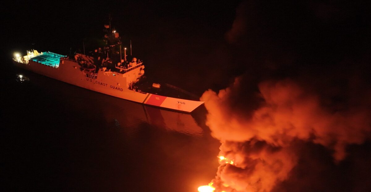 The crew of Coast Guard Cutter Stone WMSL 758 conducts a major counter-drug operation in the Eastern Pacific Ocean interdicting four drug-trafficking vessels Feb 28 2025 With support from the Coast Guard Helicopter Interdiction Tactical Squadron and Tactical Law Enforcement Team Pacific the crew seized approximately 11 000 pounds of cocaine apprehended eight suspected smugglers and sank four vessels posing a hazard to navigation U S Coast Guard photo