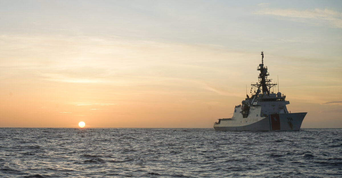Coast Guard Cutter Stone steams in the Atlantic Ocean at sunset July 1 2024 Stone is operating in the U S 2nd Fleet area of operations in support of maritime stability and security in the region U S Coast Guard photo by Coast Guard Academy Cadet Jack Steel