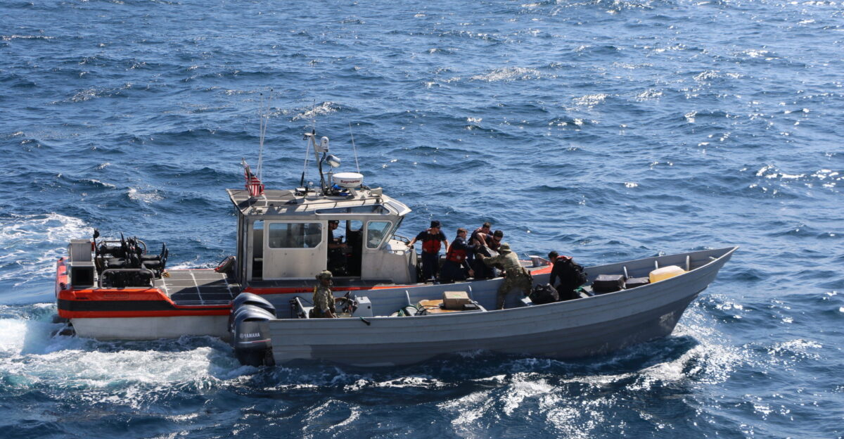 U S Coast Guard Cutter Waesche s WMSL 751 Long Range Interceptor LRI small boat and a Go-Fast vessel seized by Waesche transfer the contraband The interdiction occurred in the Eastern Pacific Ocean Feb 3 2025 Waesche seized around 1 570 kgs of cocaine and apprehended three suspected drug smugglers with the assistance of HITRON 25-03 PACTACLET LEDET 103 and ScanEagle team U S Coast Guard photo by LTJG Julia VanLuven