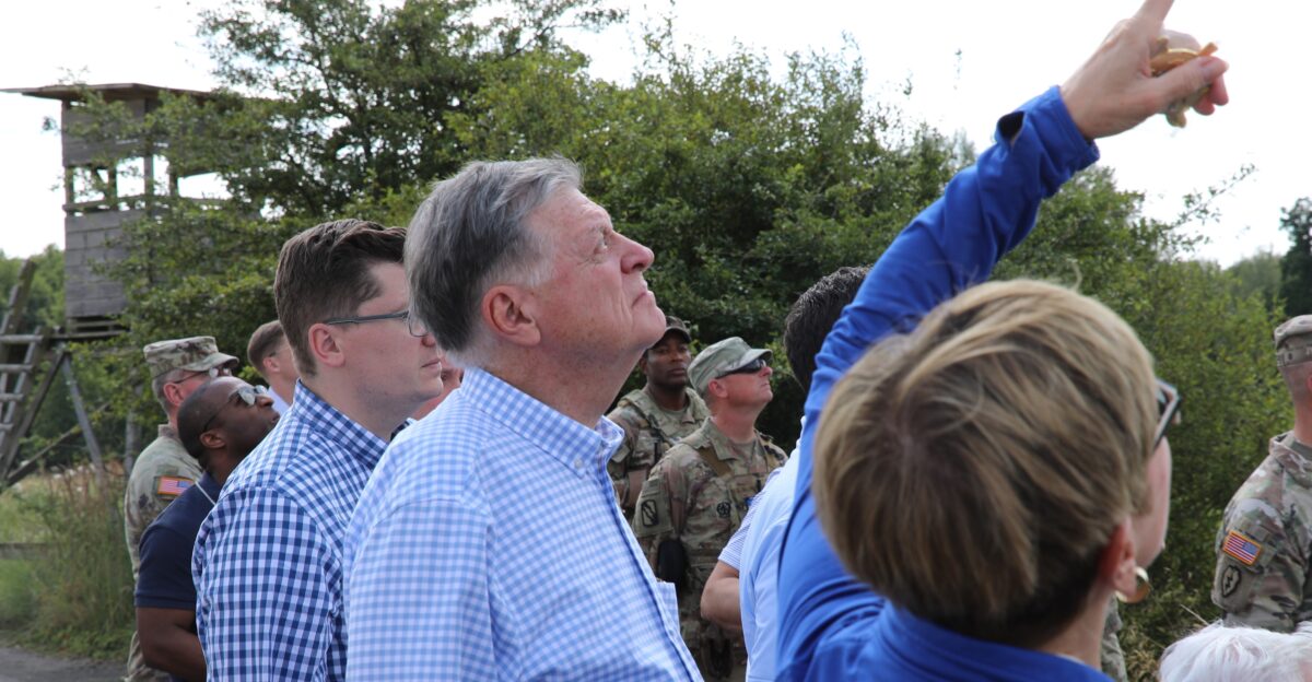 Rep Tom Cole Chairman of the House Appropriations Committee Rep Marcy Kaptur Rep Jake Laturner and the Congressional Delegation observe a training demonstration by Joint Multinational Training Group-Ukraine JMTG-U while receiving briefings from senior leaders of 7th Army Training Command Security Assistance Group- Ukraine and JMTG-U at Grafenwoehr Training Area on Aug 7 2024 Mississippi Army National Guard Photo by Maj Micah Welch