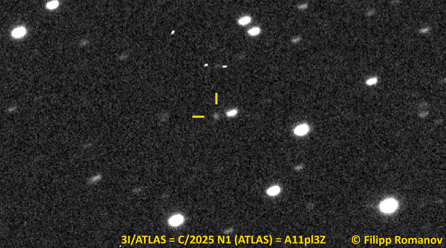 On July 2 2025 I confirmed new interstellar comet A11pl3Z remotely using iTelescope Net T72 0 51-m f 6 8 reflector CCD at Rio Hurtado Valley Chile MPC code X07 This image stacked from 5x20 sec photos with Luminance filter for 2025-07-02 315637 UT I measured the magnitude 17 5 G My astrometric data is published in the MPEC 2025-N12 3I ATLAS C 2025 N1 ATLAS of the Minor Planet Center and my observations are described in the Central Bureau Electronic Telegram No 5578 Other version of my image With best regards Filipp Romanov