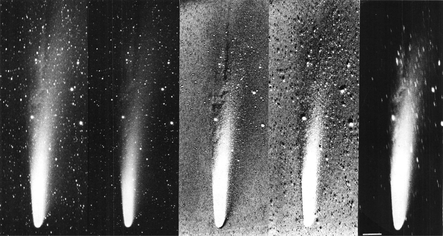Comet Bennett on 1970 April 9 5 UT Image 1 and 2 30 and 15 s exposures 15min apart with F 30 cm Aero Ektar Image 3 and 4 superimposed negative and positive to show differences between the two images Image 5 composite of 4 images taken within 15 minutes