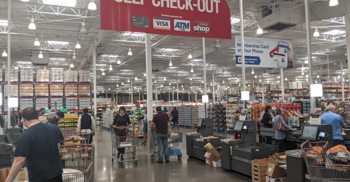 Self-checkout registers in Costco Mission Valley Store 488 in San Diego CA