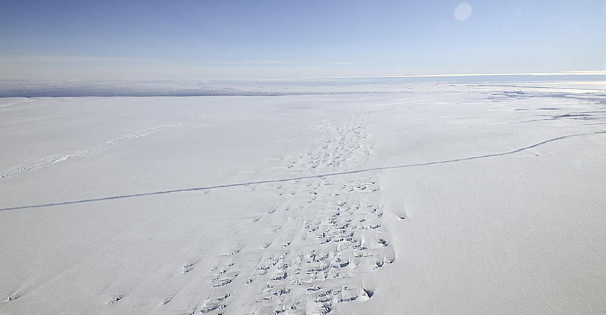 NASA image acquired October 24 2011 NASA s DC-8 flew over the Pine Island Glacier Ice Shelf on Oct 14 2011 as part of the agency s Operation IceBridge A large long-running crack was plainly visible across the ice shelf The DC-8 took off on Oct 26 2011 to collect more data on the ice shelf and the crack The area beyond the crack that could calve in the coming months covers about 310 square miles 800 square kilometers IceBridge project scientist Michael Studinger said Credit NASA GSFC Michael Studinger