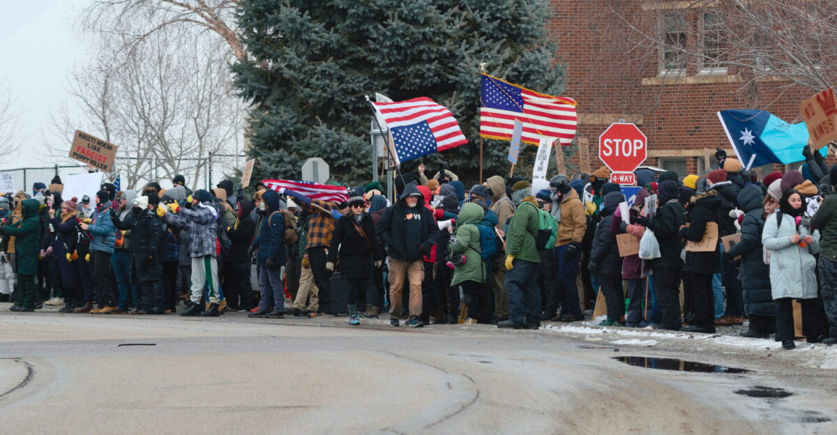 Minneapolis Minnesota January 17 2026 Hundreds of people protested against ICE at the Whipple Building in south Minneapolis - headquarters for DHS and ICE Employees of the Department of Homeland Security DHS and Immigration and Customs Enforcement ICE drove in and out of the location wearing masks to hide their identities or in cars with illegally dark window tint At least 4 Hennepin County Sheriff cars were also there to keep protesters away from DHS ICE 2026-01-17 This is licensed under the Creative Commons 4 0 Attribution License Give attribution to Fibonacci Blue