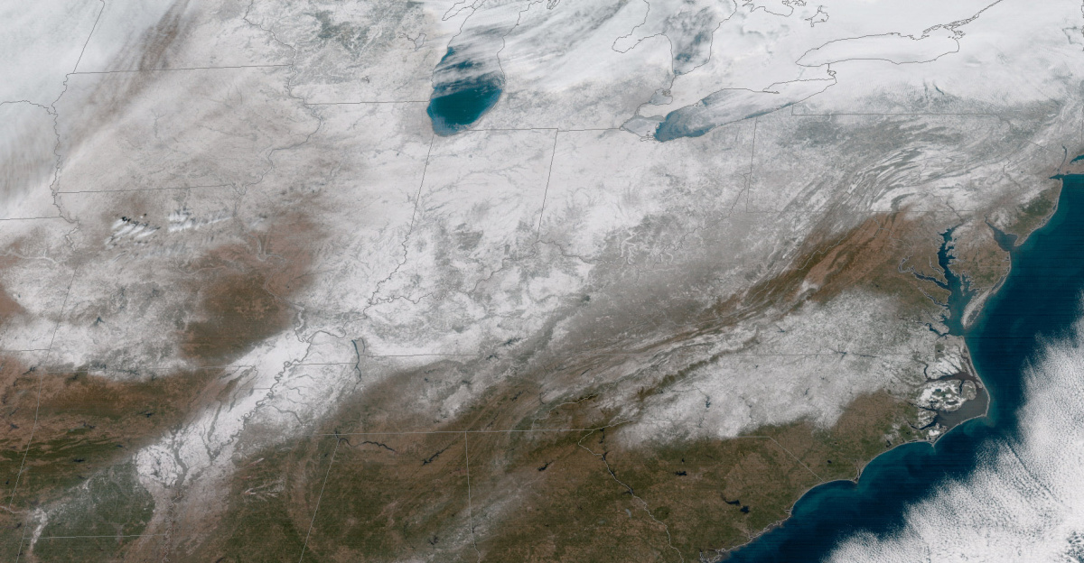 Clear skies enabled the GOES East satellite to capture this view of current snow cover over the eastern United States on January 18, 2018. An active weather pattern combined with below-normal temperatures this winter have brought accumulating snow as far south as Mississippi and Alabama for the second time in less than six weeks. In this image, a faint swath of snow is visible across southern Alabama and western Georgia. Brighter white areas indicate greater snow depths, as seen in parts of Arkansas, southern Missouri, Indiana and Ohio. Significant snowfall remains conspicuously absent in parts of the mid-Atlantic, including the Washington, D.C. area, as snow-producing storms have frequently tracked to the north or south of the region this winter. Created by our partners at the Cooperative Institute for Research in the Atmosphere, the GOES East geocolor imagery enhancement displays geostationary satellite data in different ways depending on whether it is day or night. In daytime imagery (shown here), land and shallow-water features appear as they do in true-color imagery, while at night, the window infrared channel 13 and the traditional fog product are used to identify both ice and liquid water clouds, and are made partially transparent against a static city lights background.
