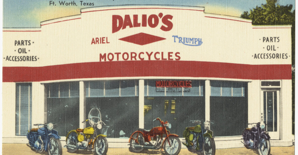 File name 06 10 020099 Title Dalio s Motorcycle Sales Co 1509 E Lancaster on Hi-way 80 Ft Worth Texas Created Published Nationwide Specialty Co Arlington Texas Date issued 1930-1945 approximate Physical description 1 print postcard linen texture color 3 1 2 x 5 1 2 in Genre Postcards Subjects Commercial facilities Notes Title from item Collection The Tichnor Brothers Collection Location Boston Public Library Print Department Rights No known restrictions