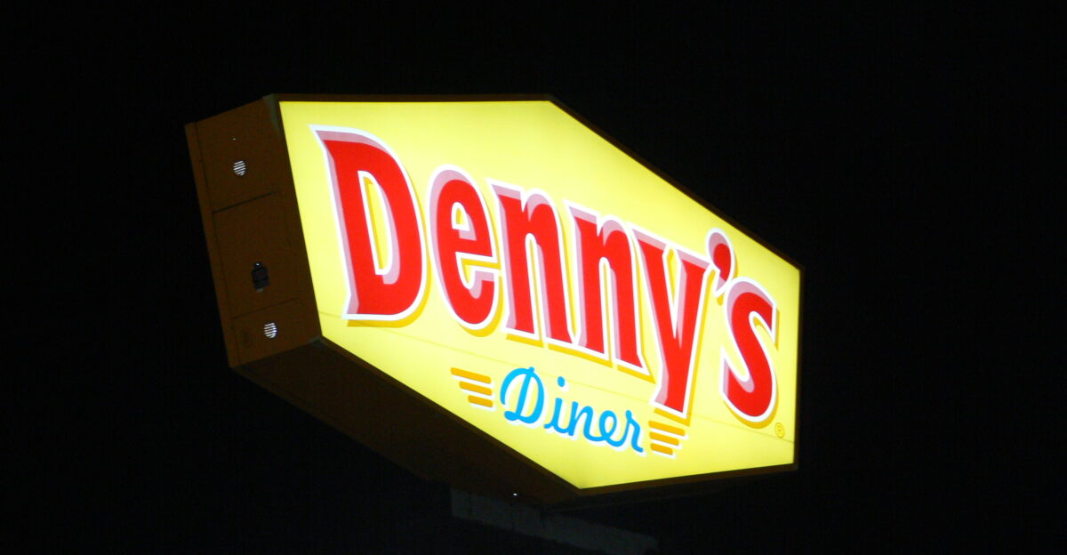 Lighted sign of a Denny s Diner restaurant in Dallas Texas at night