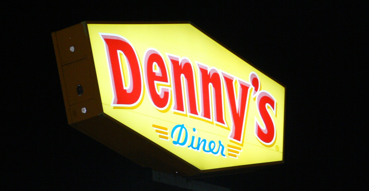 Lighted sign of a Denny's Diner restaurant in Dallas, Texas, at night