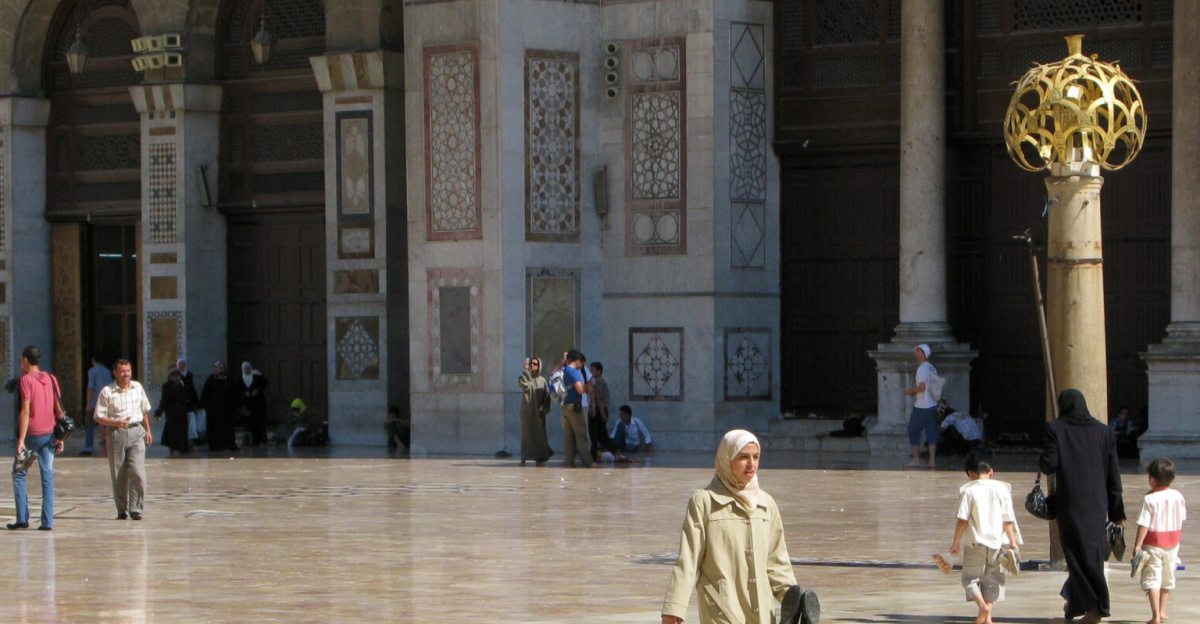 Damascus, Syria: The courtyard of the 8th-century Umayyad Mosque. The Umayyad Mosque, located in the old city of Damascus, is one of the largest and oldest mosques in the world. It is considered by some Muslims to be the fourth-holiest place in Islam.