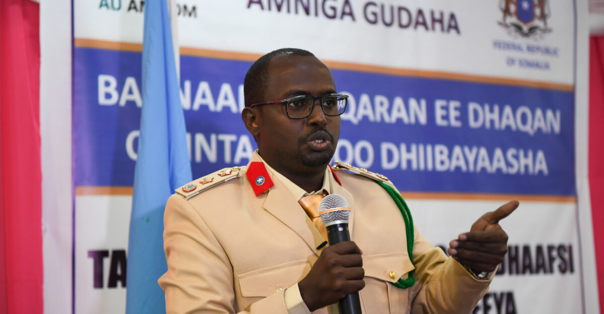 The Chief of the Somali Military Tribunal Col Hassan Ali Nur Shuute speaks during a two-day defector rehabilitation program training for the Federal Government of Somalia relevant agencies in SYL Hotel in Mogadishu on 9 December 2019 AMISOM Photo Abdikarim Mohamed