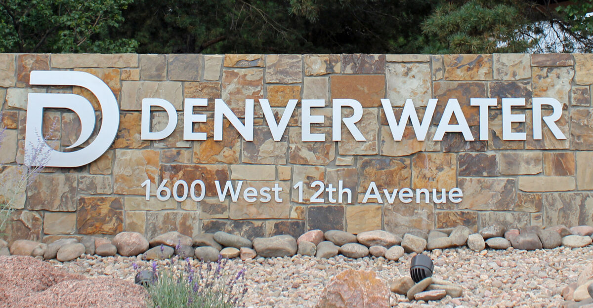 The sign at one of the entrances to Denver Water in Denver Colorado The sign says Denver Water 1600 West 12th Avenue
