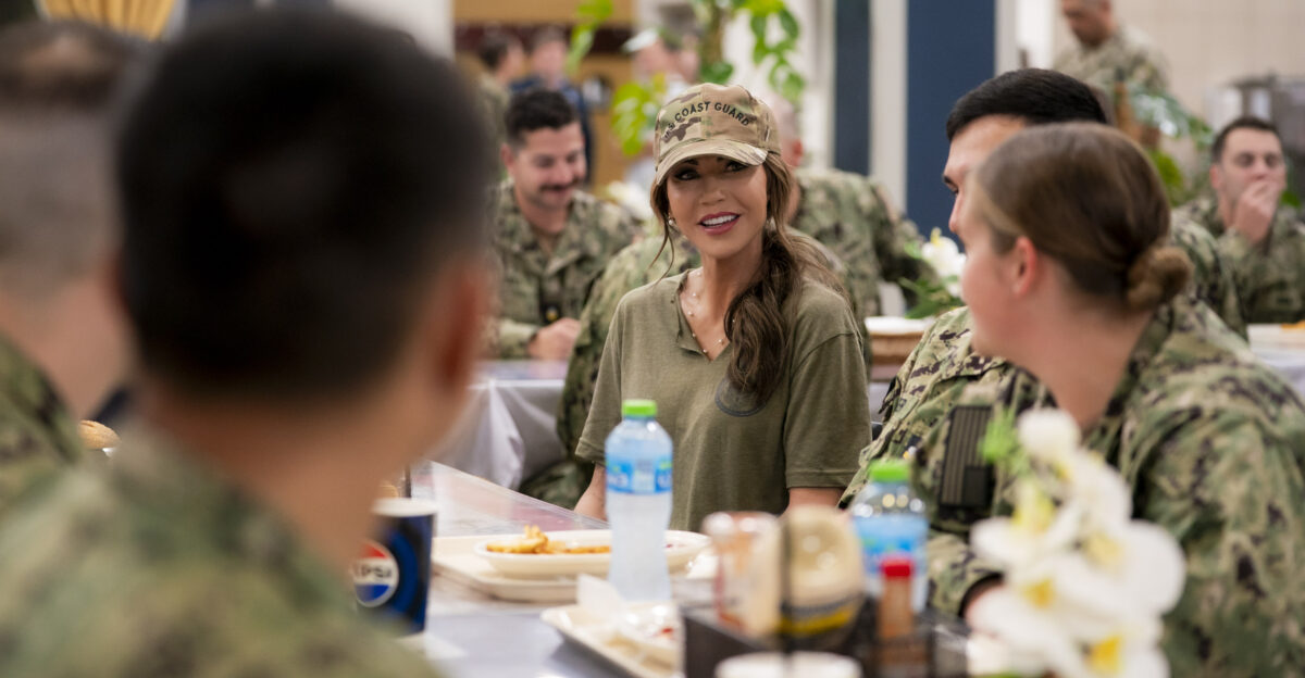 Department of Homeland Security DHS Secretary Kristi Noem serves food to U S Coast Guard service members in the galley at Naval Support Activity NSA Bahrain May 24 2025 DHS photo by Tia Dufour