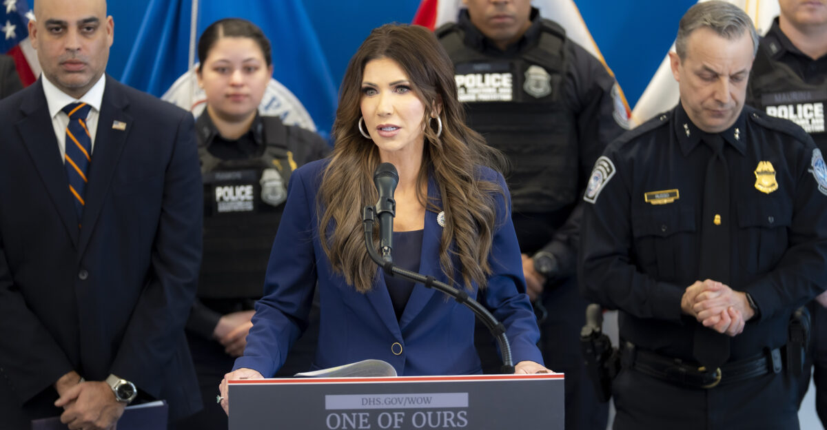 Secretary of Homeland Security Kristi Noem speaks during a press conference at One World Trade Center in New York City Jan 8 2026 DHS photo by Tia Dufour