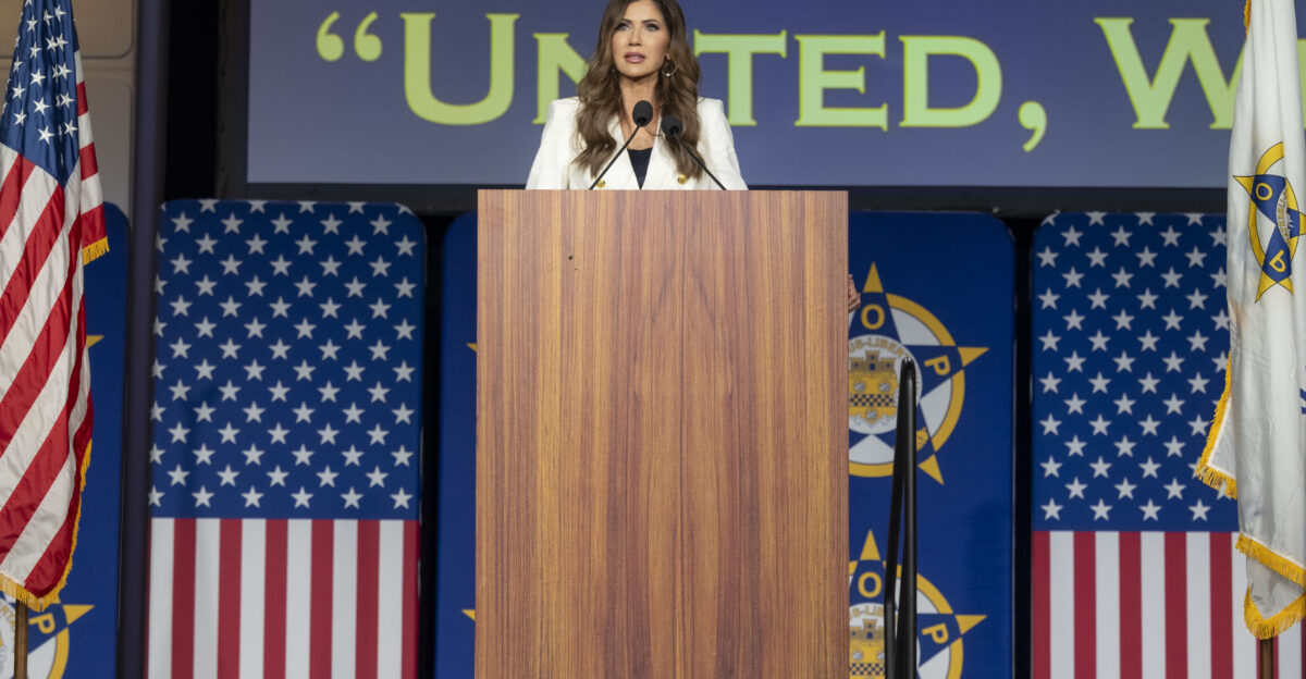Department of Homeland Security DHS Secretary Kristi Noem delivers remarks at the opening ceremony of the Fraternal Order of Police 67th National Biennial Conference at the Miami Conference Center in Miami F L Aug 4 2025 DHS photo by Mikaela McGee