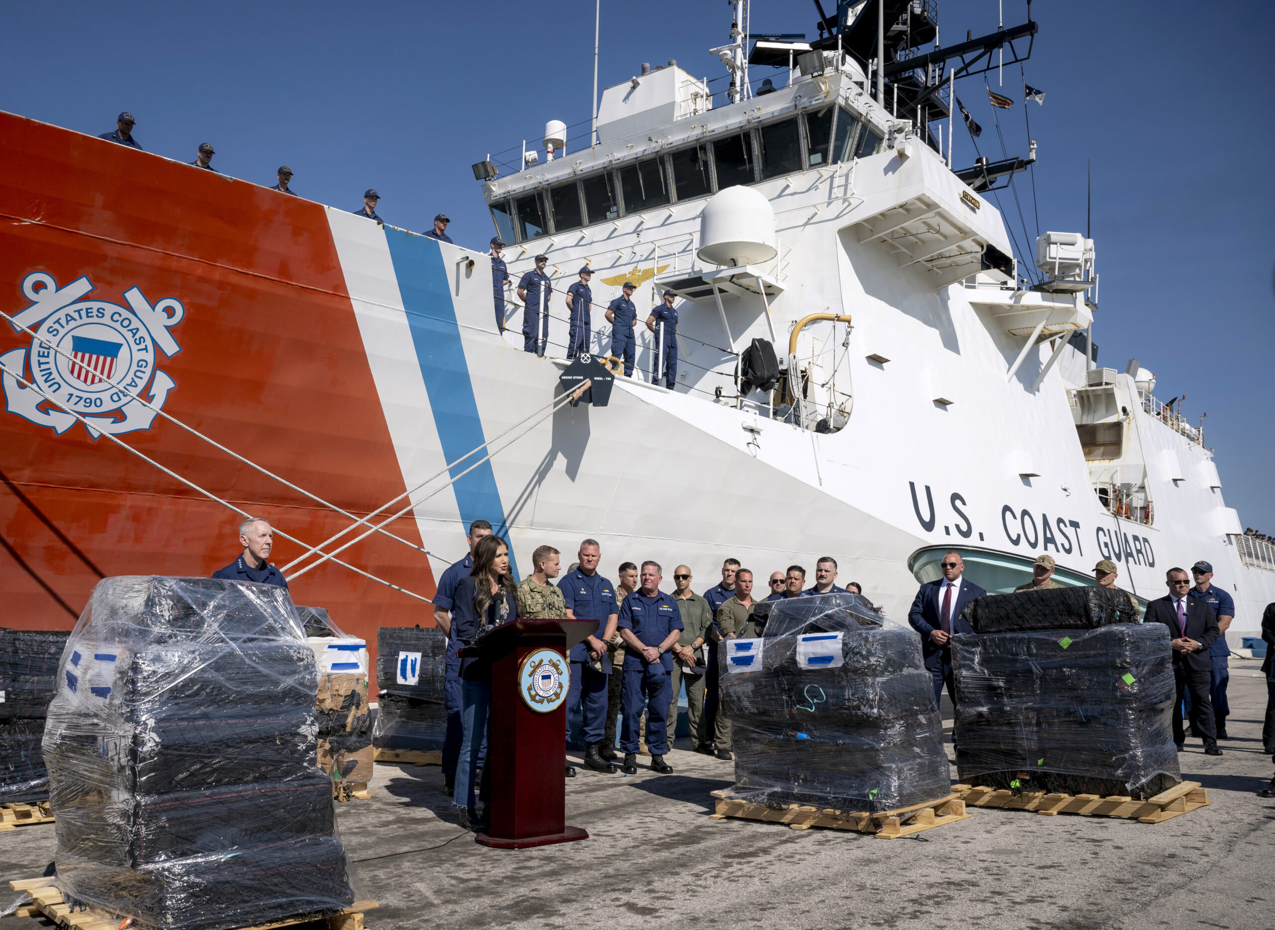Department of Homeland Security DHS Secretary Kristi Noem speaks during a press conference after packages of cocaine and marijuana had been offloaded from the U S Coast Guard Cutter Stone at Port Everglades Florida March 20 2025 DHS photo by Tia Dufour